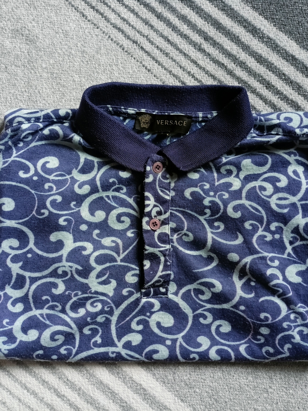 Versace Men’s Navy Polo Shirt with Light Blue Scroll Print